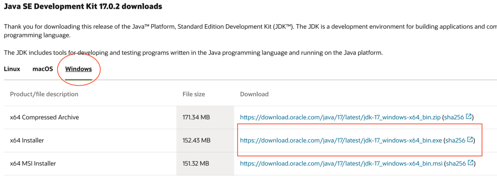 Download do Java SE 17 para Windows