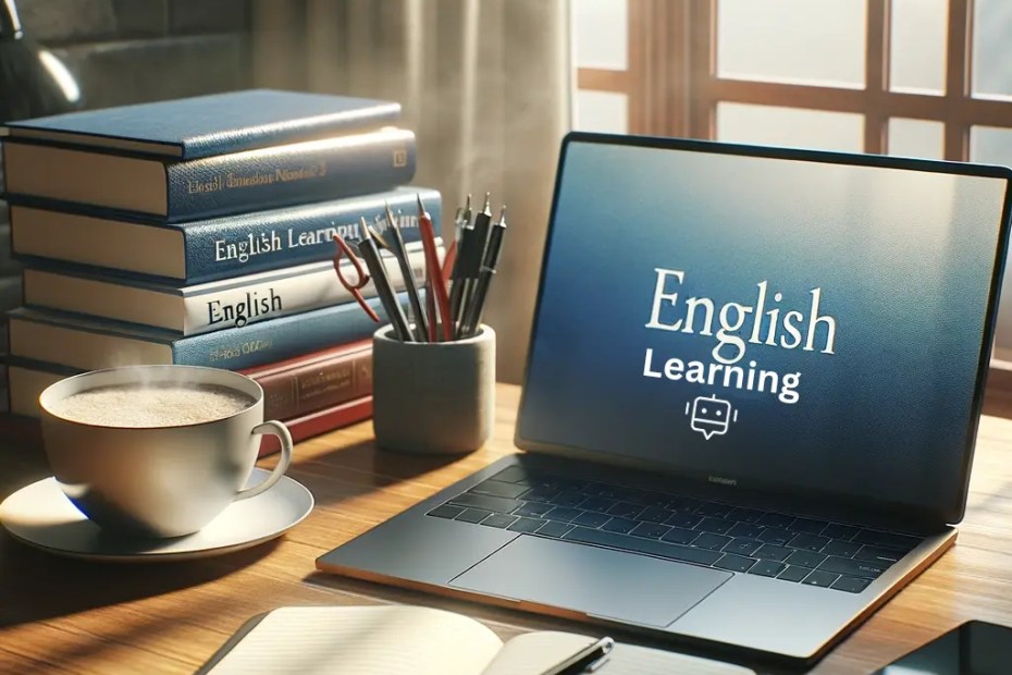 Mesa com livros de inglês e um laptop fechado, prontos para uma sessão de estudo com suporte do ChatGPT.