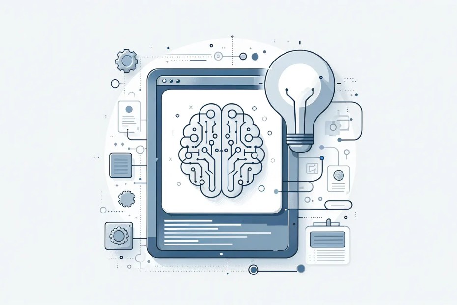 Ícone abstrato representando estratégias de engenharia de prompts para IA em fundo cinza claro com detalhes em azul.