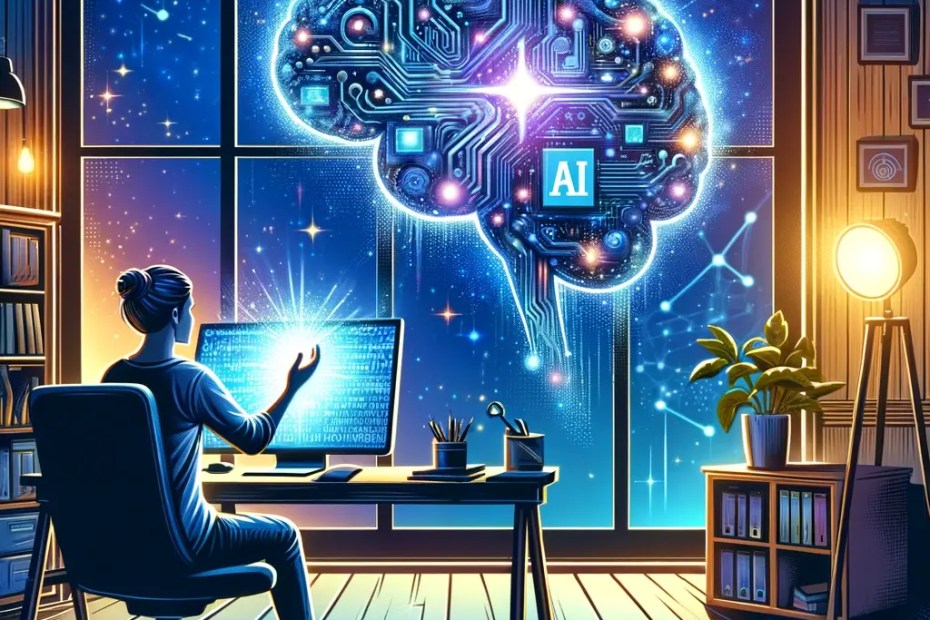 Ilustração de interação entre usuário e IA com engenharia de prompts em um ambiente de escritório em casa.