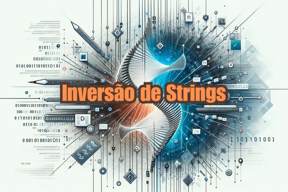 Imagem abstrata ilustrando o conceito de inversão de string em programação, com padrões digitais e binários em um fundo tecnológico moderno.