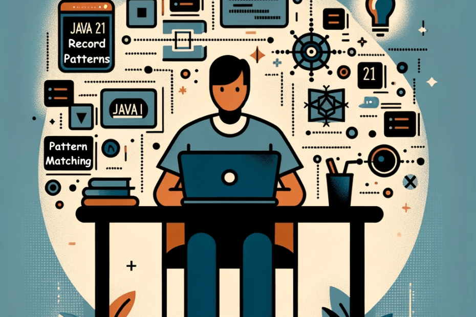 Programador usando laptop com ícones de Record Patterns e Pattern Matching, representando funcionalidades do Java 21.