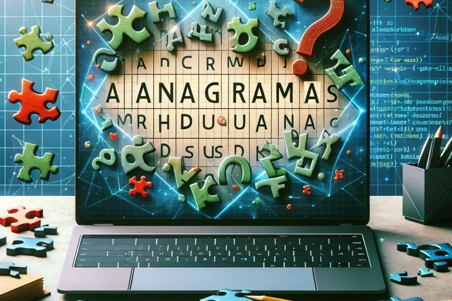 Letras embaralhadas se transformando em palavras significativas sobre fundo de programação, simbolizando anagramas em programação