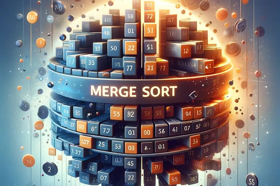 Ilustração abstrata representando o algoritmo de ordenação Merge Sort com o texto 'Merge Sort' centralizado.