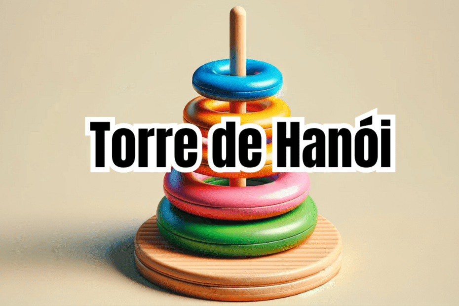 Representação artística do problema da Torre de Hanoi com espaço central para texto, destacando sua natureza estratégica.