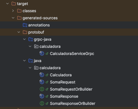 Estrutura dos arquivos gerados pelo Protobuf após compilar o arquivo .proto para o serviço CalculadoraService no projeto gRPC em Java.