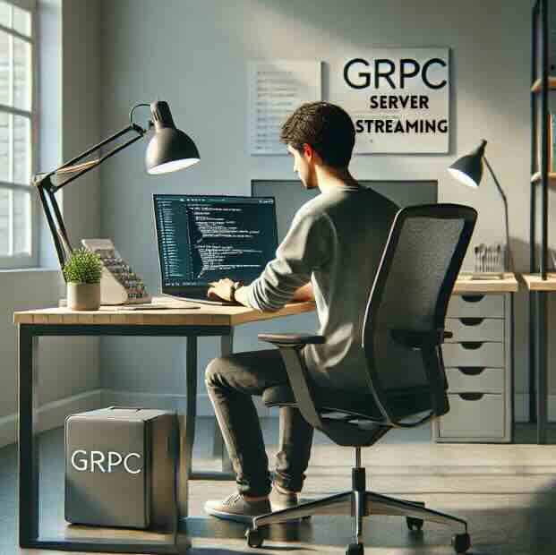 Pessoa estudando gRPC em um ambiente de trabalho moderno com laptop aberto mostrando código, mesa organizada com livros, e espaço para texto.